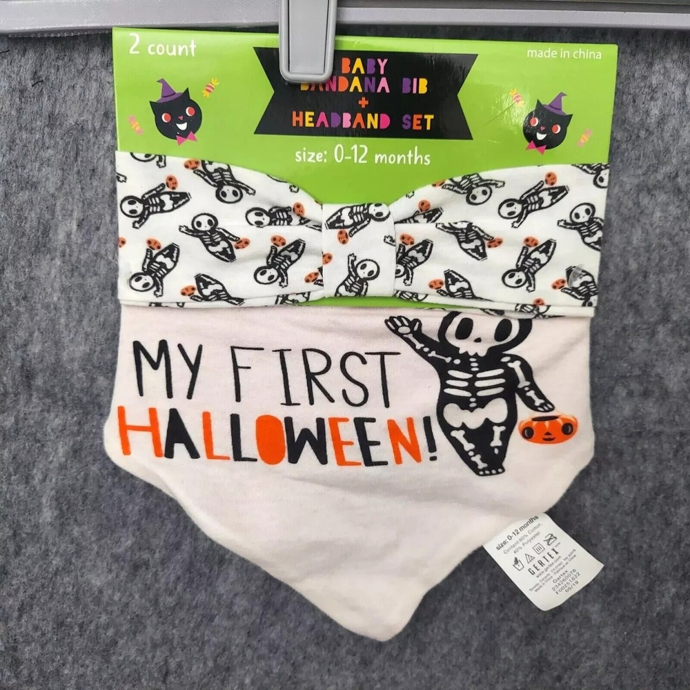 My First Halloween Infant Set Bandana‎ Bib Snap Headband Skeleton Gertex